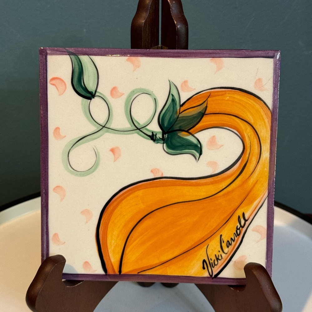 Vicki Carroll Hand Painted Pottery Tile Squash / gourd Trivet, Signed 6" X 6"